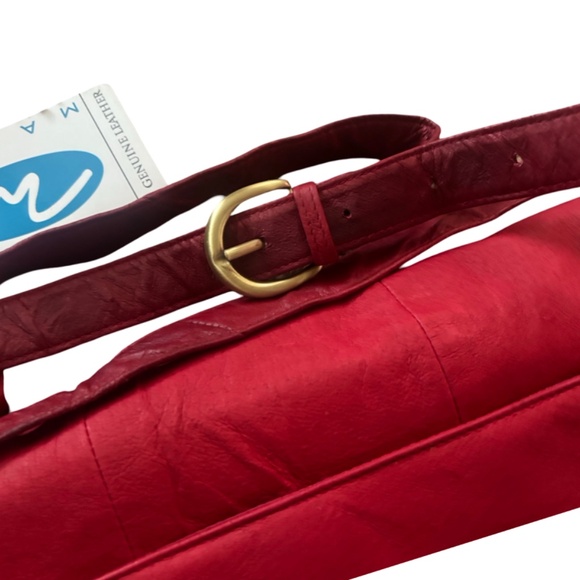 NWT  Deadstock 1990's Read Leather Foldable Shoulder Bag with fringe Tassle - Picture 6 of 10